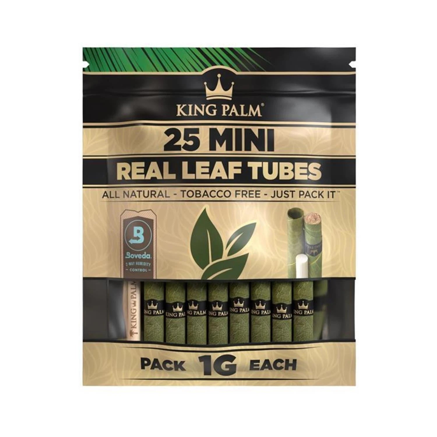 King Palm 25 Mini Real Leaf Tubes Natural – tabakfreie Blattröhrchen 1,5g mit Boveda Feuchtigkeitsregler